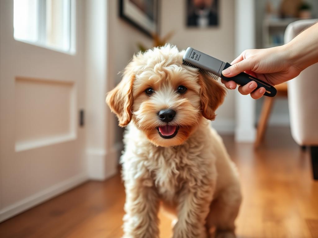 A fluffy doodle being gently brushed at home